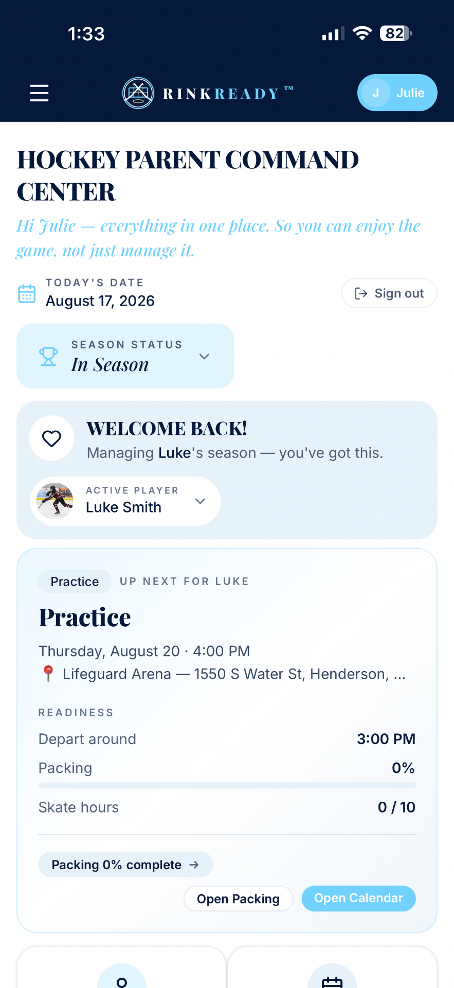 Rink Ready Hockey Parent Command Center dashboard showing the next practice, packing status, and season overview